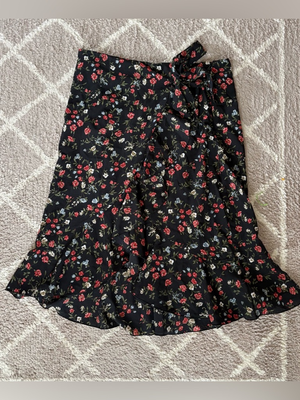 Emery Rose Floral Wrap Skirt XL Black Ruffle Tie Waist Midi Skirt